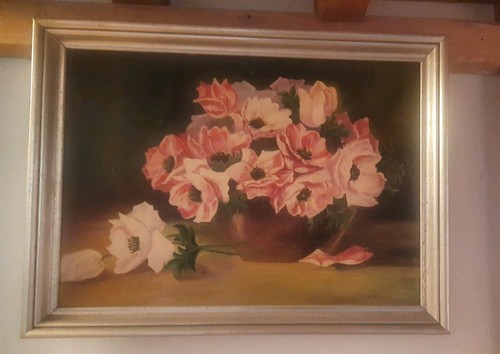 ölbild 50er signatur blumen