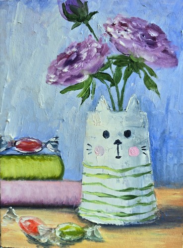Vase katze ölbild 15x20 - Ölbild,
